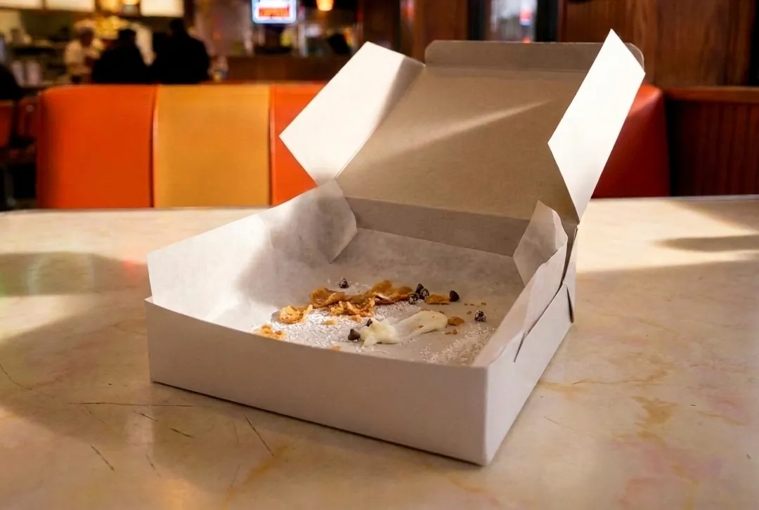 An empty box, just crumbs and powdered sugar