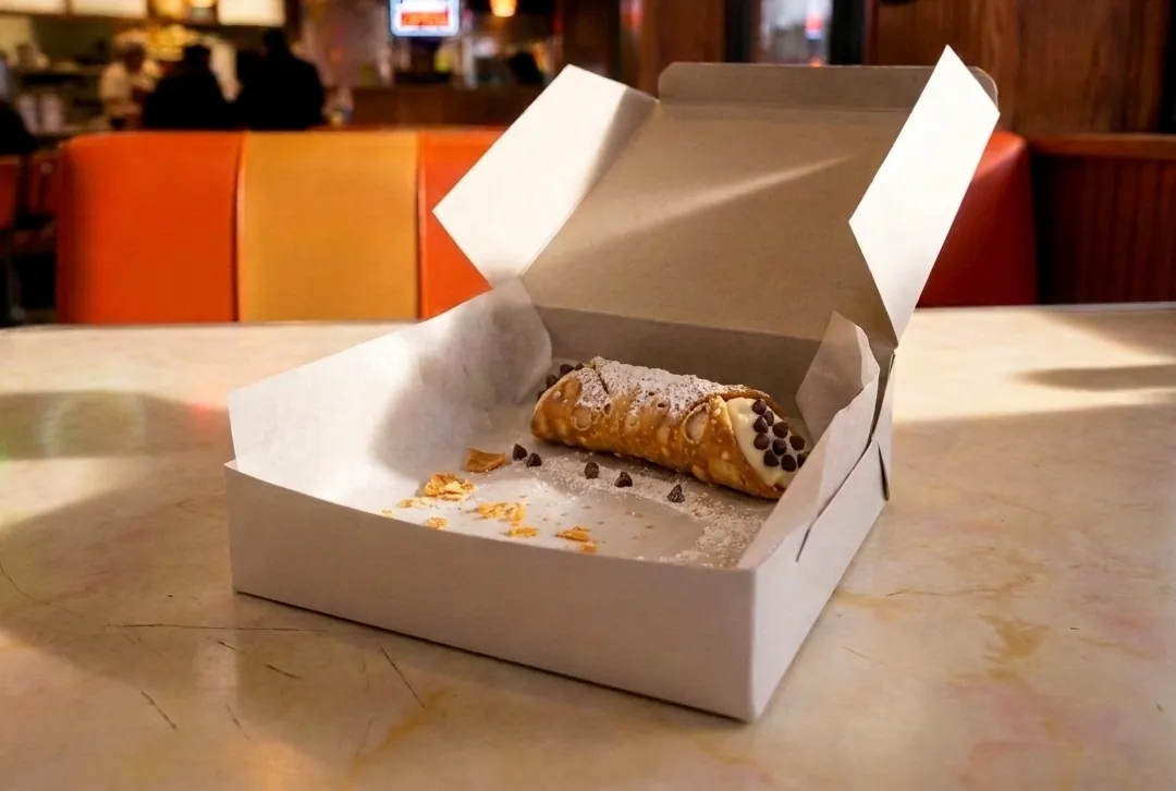 One cannoli left in the box, crumbs where the other was