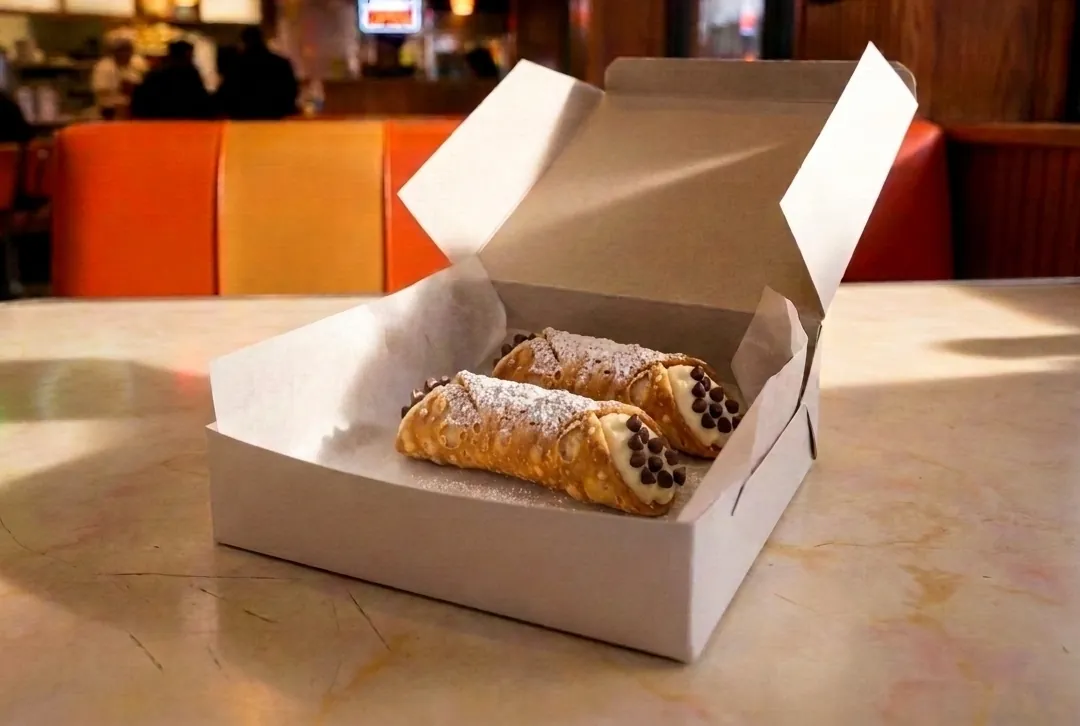 The box open: two cannoli on bakery paper