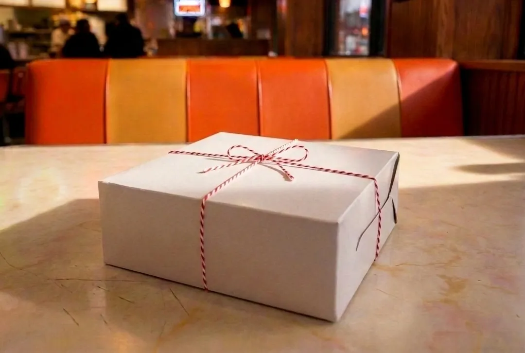 A white pastry box tied with red and white baker's twine on a diner table