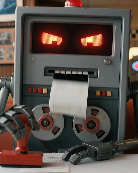 The Insurance AI Bot, a gray box robot with glowing red eyes and a rubber stamp