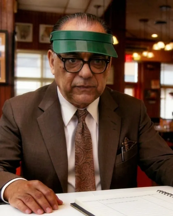 Nicky Numbers in a brown suit and green visor with a ledger