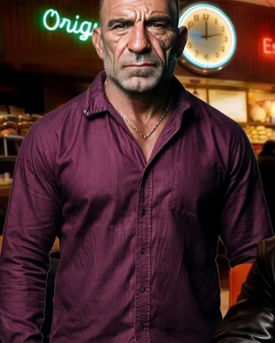 Tony DeNaro in a plum shirt, standing in the diner