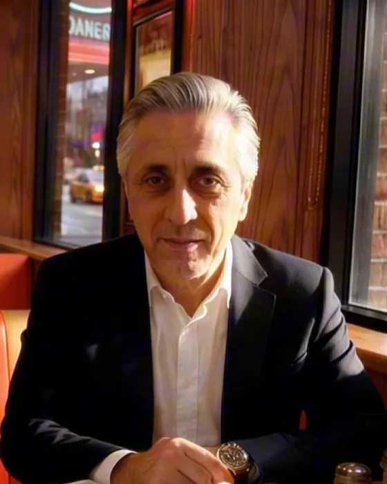 Vinny in a dark blazer, smiling at the diner booth